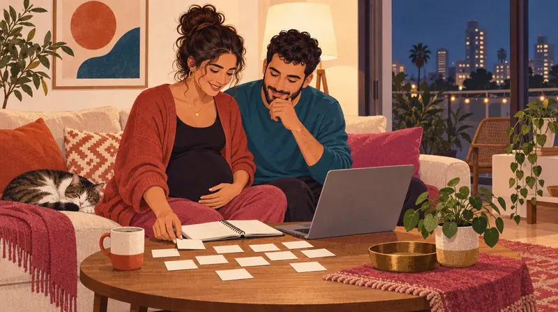 איור של זוג בסלון, מעיינים יחד במחשב ובכרטיסים ריקים ובוחרים שם לתינוק